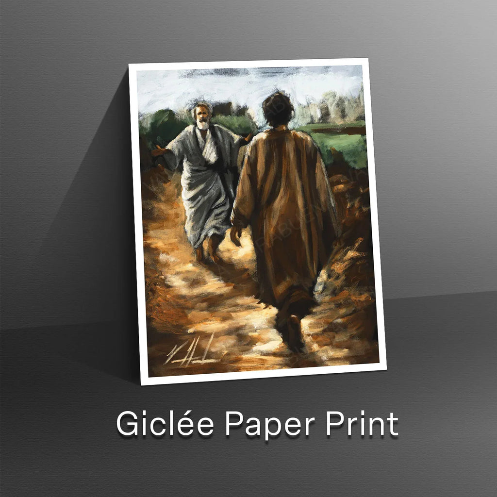 Paper print of two men walking, one in a gray robe, viewed from behind