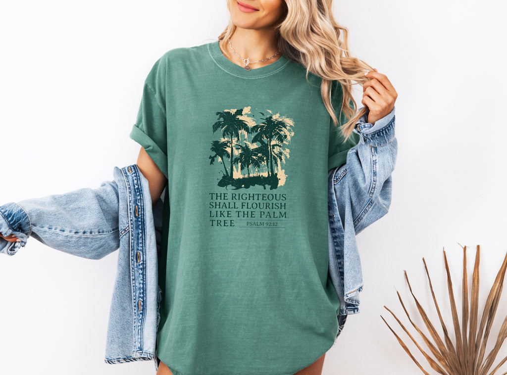 Forest green T-shirt with dark green palm tree faith graphic and crew neck
