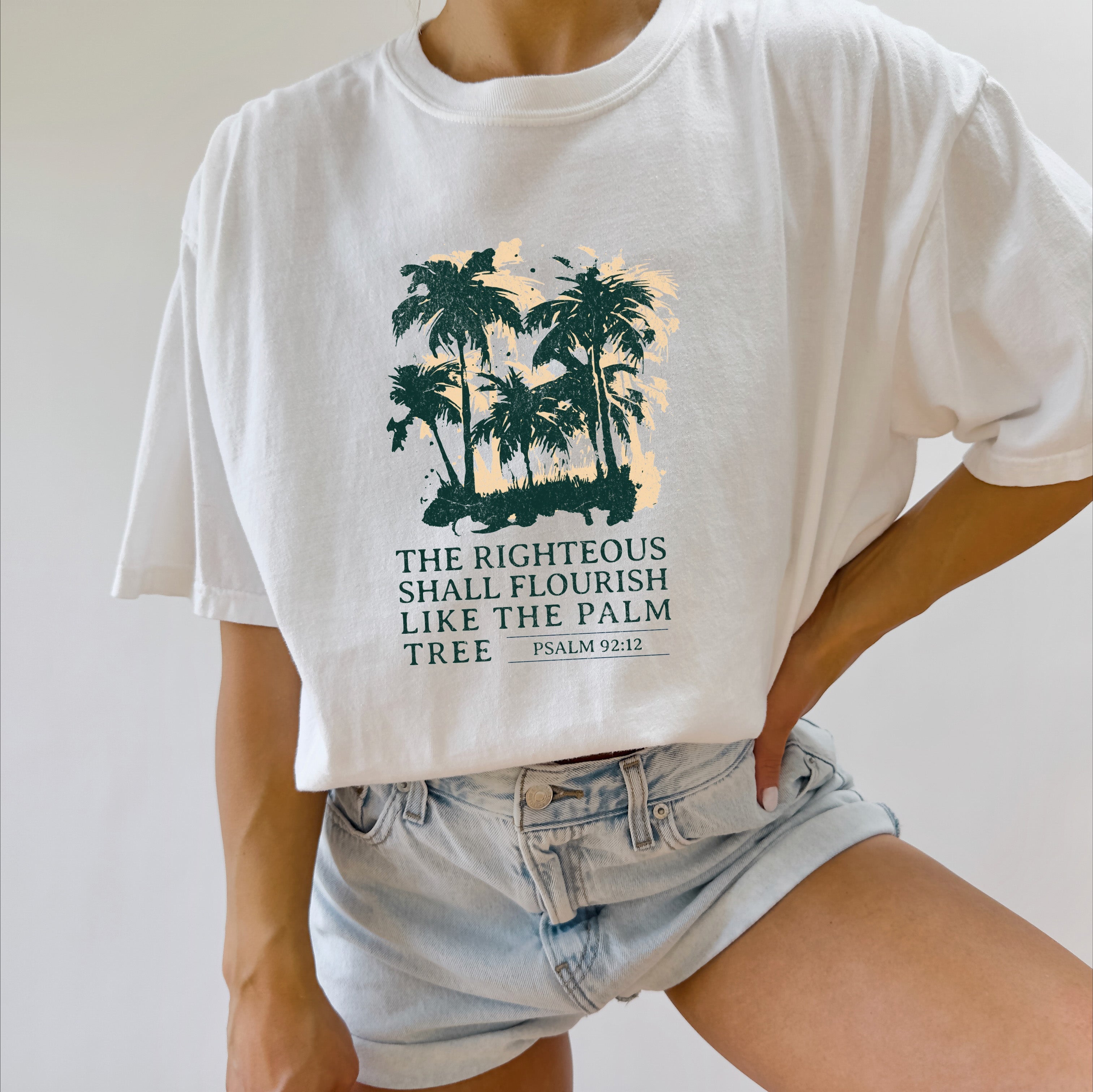 White T-shirt with dark green palm tree faith graphic and crew neck