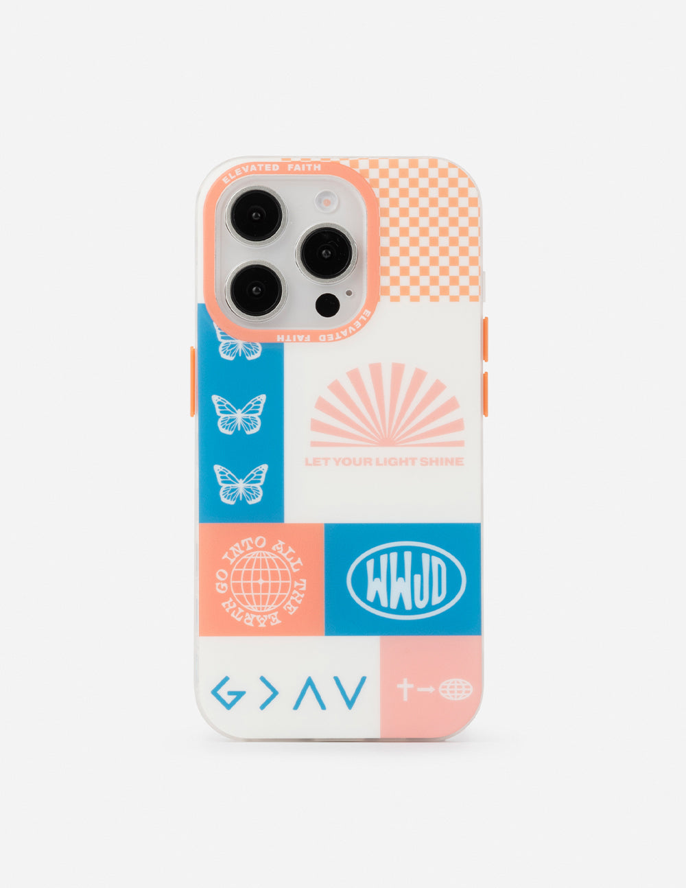 Patchwork phone case with butterfly and sunburst graphics, orange check pattern, camera cutouts