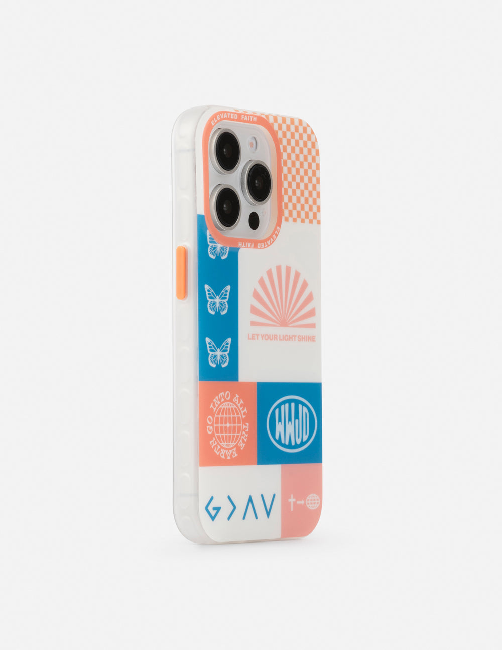 Patchwork phone case with butterfly and sunburst patchwork, orange check pattern, camera cutouts