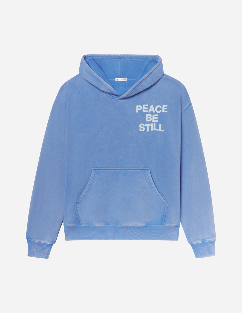 Light blue unisex hoodie with hood, front pocket, 'PEACE BE STILL' chest text