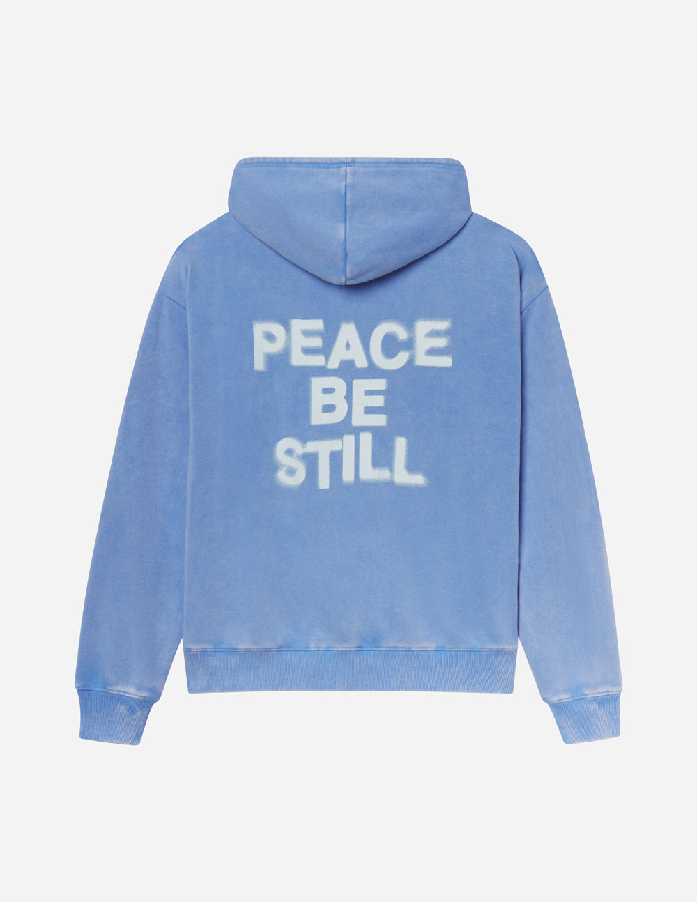 Light blue unisex hoodie with hood and 'PEACE BE STILL' text on back