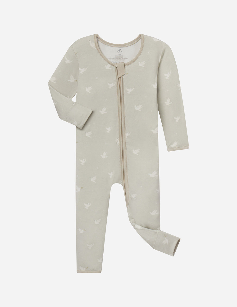 Bamboo footed onesie with front zipper, light cream with bird pattern