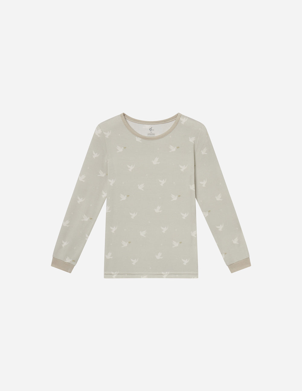 Bamboo kids pajama set flat lay: long-sleeve top and pants, light cream with print