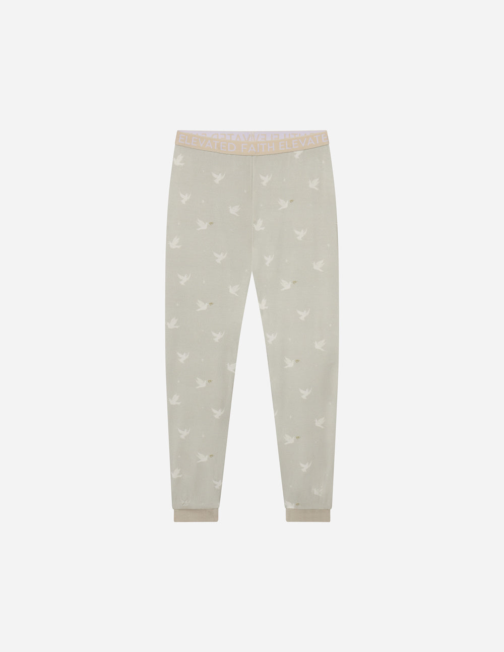 Kids bamboo pajama pants, light gray with small repeating bird print