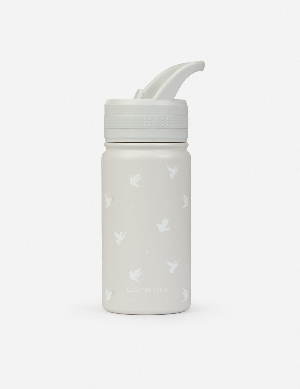 Kids water bottle, pale gray with screw lid and straw spout, bird pattern