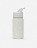 Kids water bottle, pale gray with screw lid and straw spout, bird pattern
