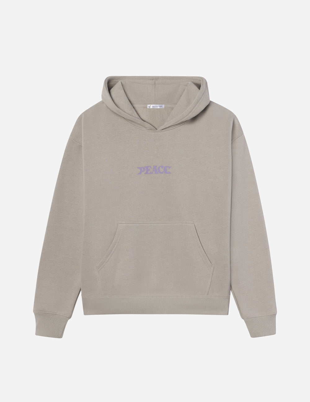 Taupe unisex hoodie with purple "PEACE" logo and front kangaroo pocket