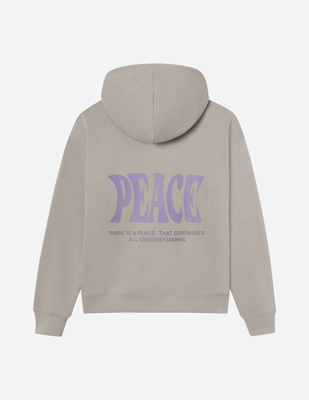 Taupe unisex hoodie with purple "PEACE" text graphic on back and hood