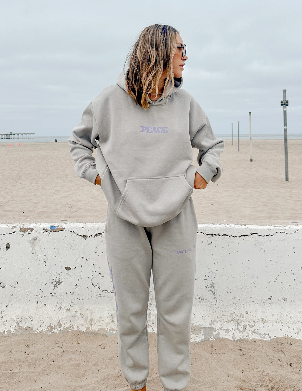 Light gray unisex hoodie, back view, with purple "PEACE" logo and attached hood.