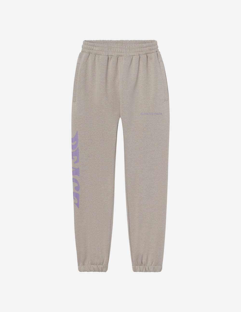 Unisex sweatpants in light gray with purple Peace logo print, flat lay