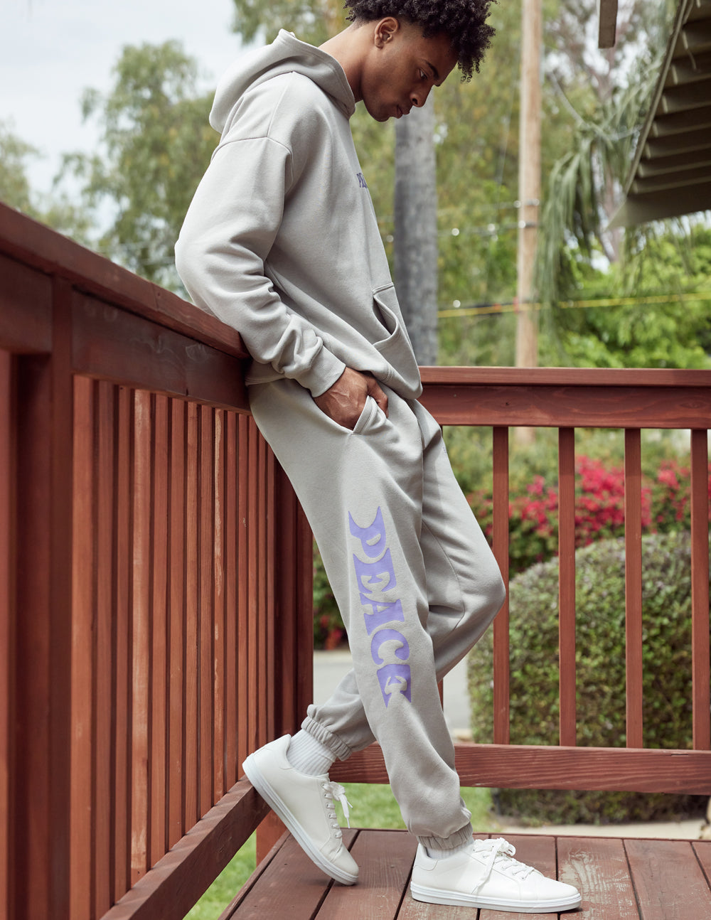 Unisex sweatpants, light gray with purple Peace logo print, full length