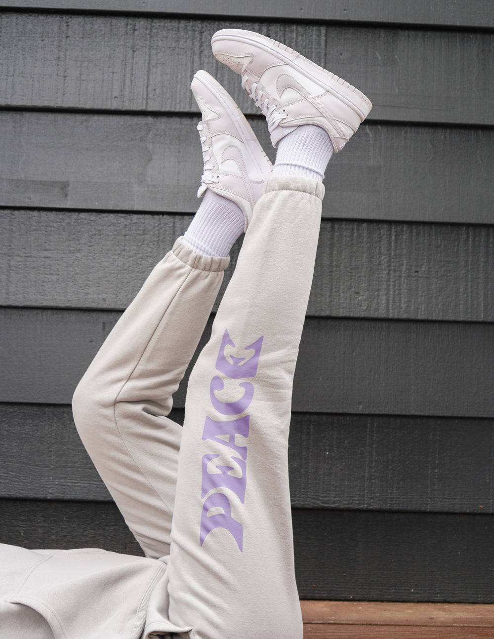 Unisex sweatpants, light gray with purple Peace logo print on leg
