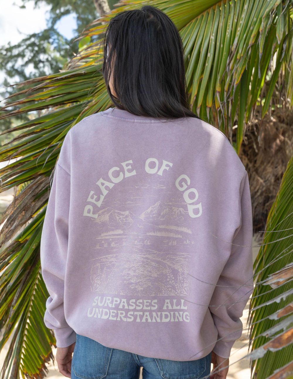 Lavender unisex crewneck sweatshirt with large back graphic text and design