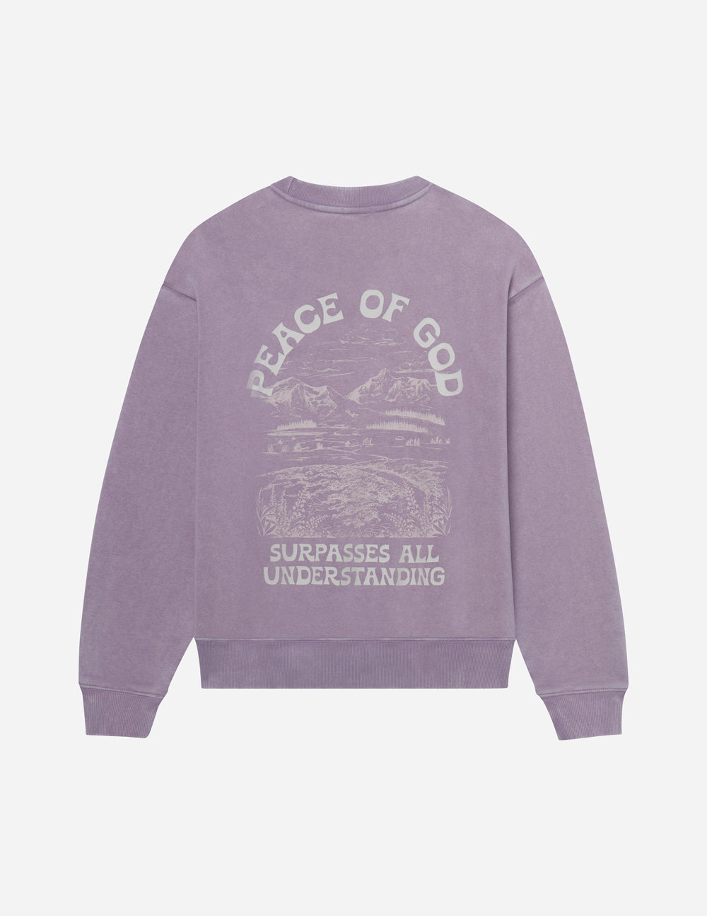 Lavender unisex crewneck sweatshirt, back view, large printed graphic