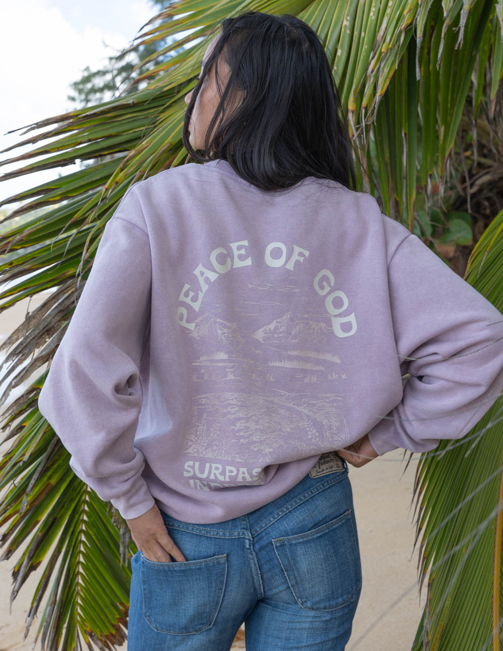 Lavender unisex crewneck sweatshirt with large back print and relaxed fit