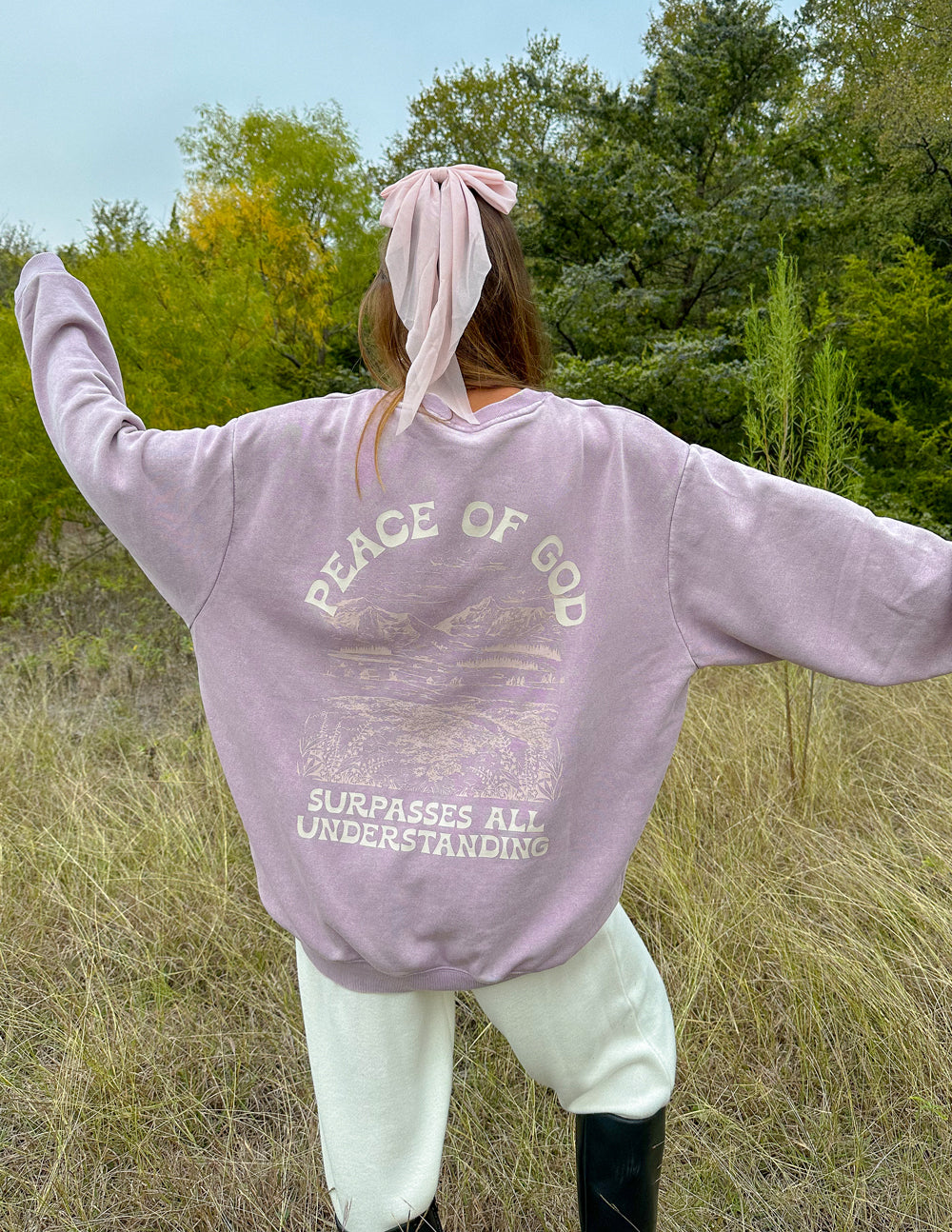 Lavender unisex crewneck sweatshirt with large back graphic and dropped hem