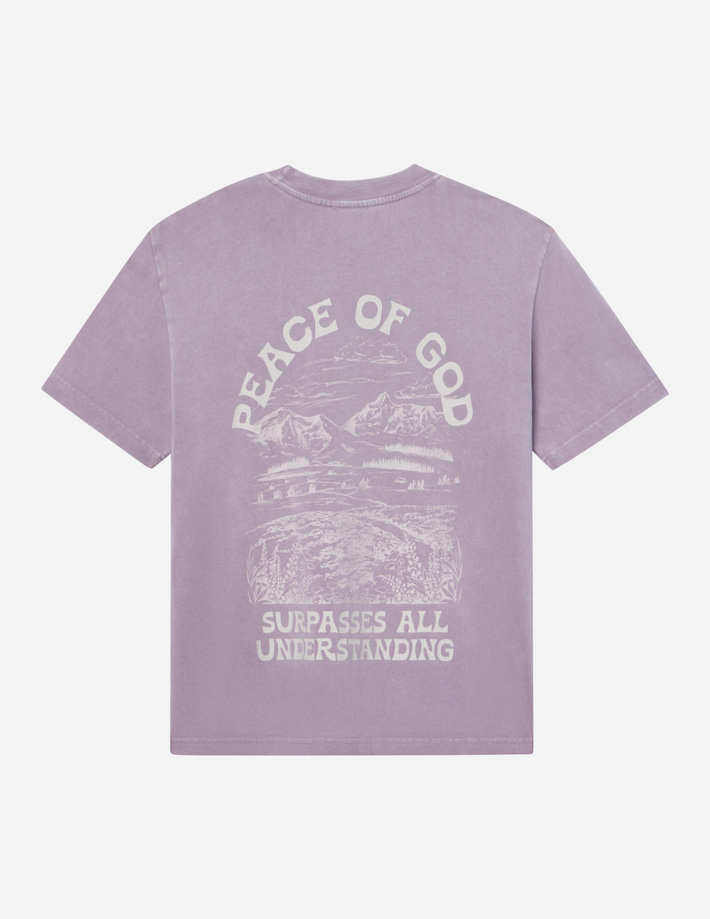 Lavender unisex T-shirt with centered "Peace of God" landscape graphic and text