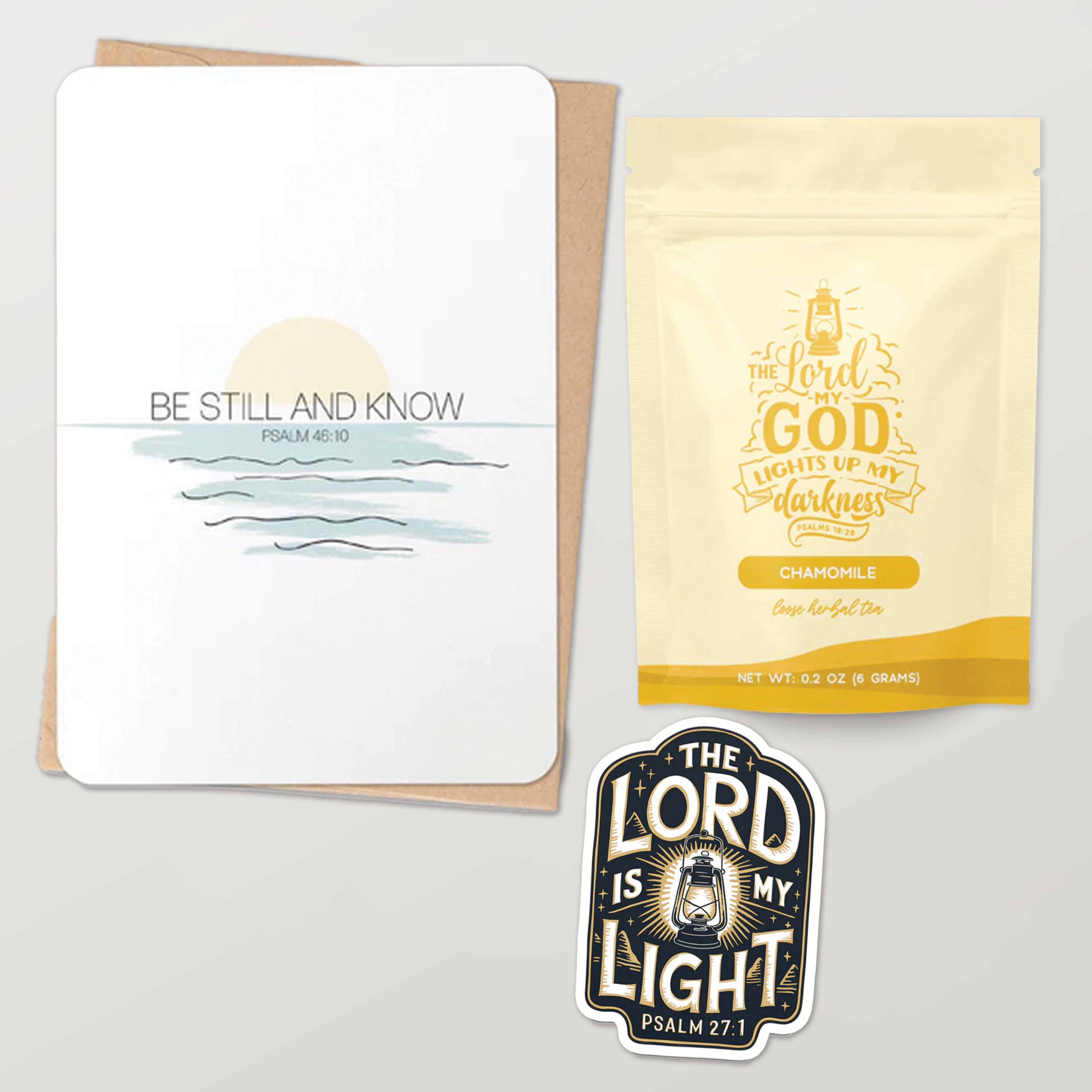 Christian gift set with peace card, tea pouch, and 'The Lord is My Light' sticker