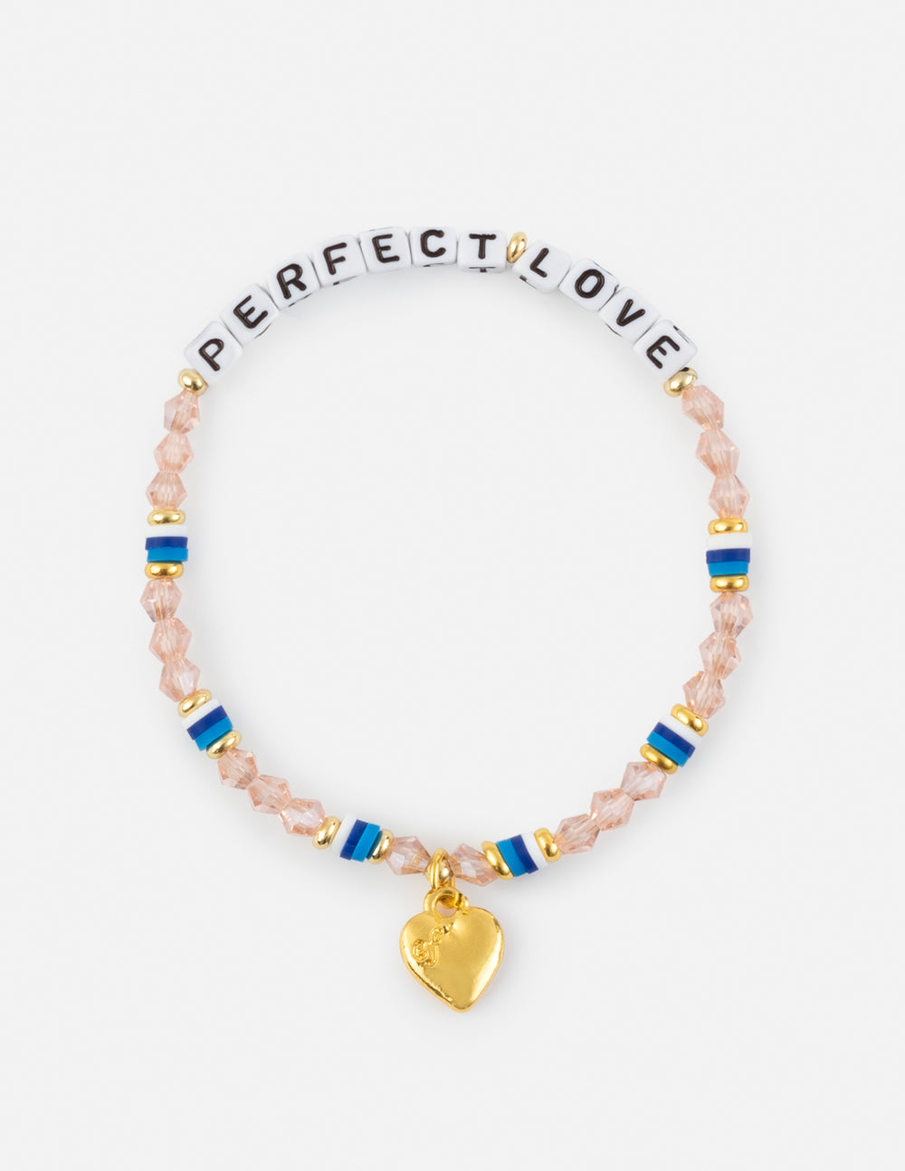 Gold heart charm beaded bracelet with pink and blue beads and PerfectLove text