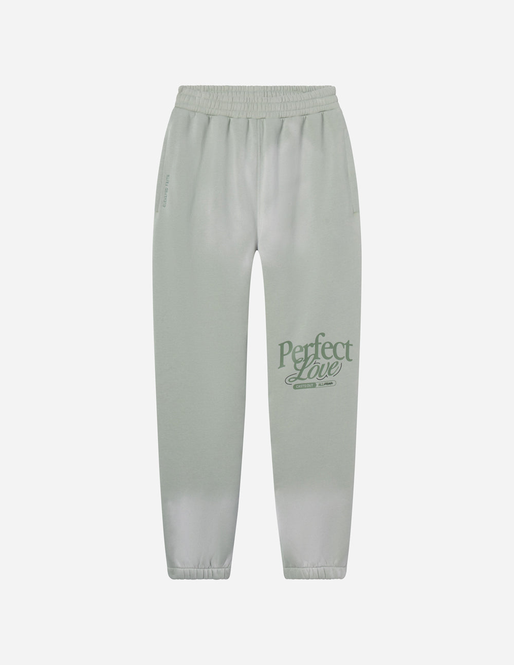 Mint unisex sweatpants with elastic waistband and “Perfect Love” leg graphic
