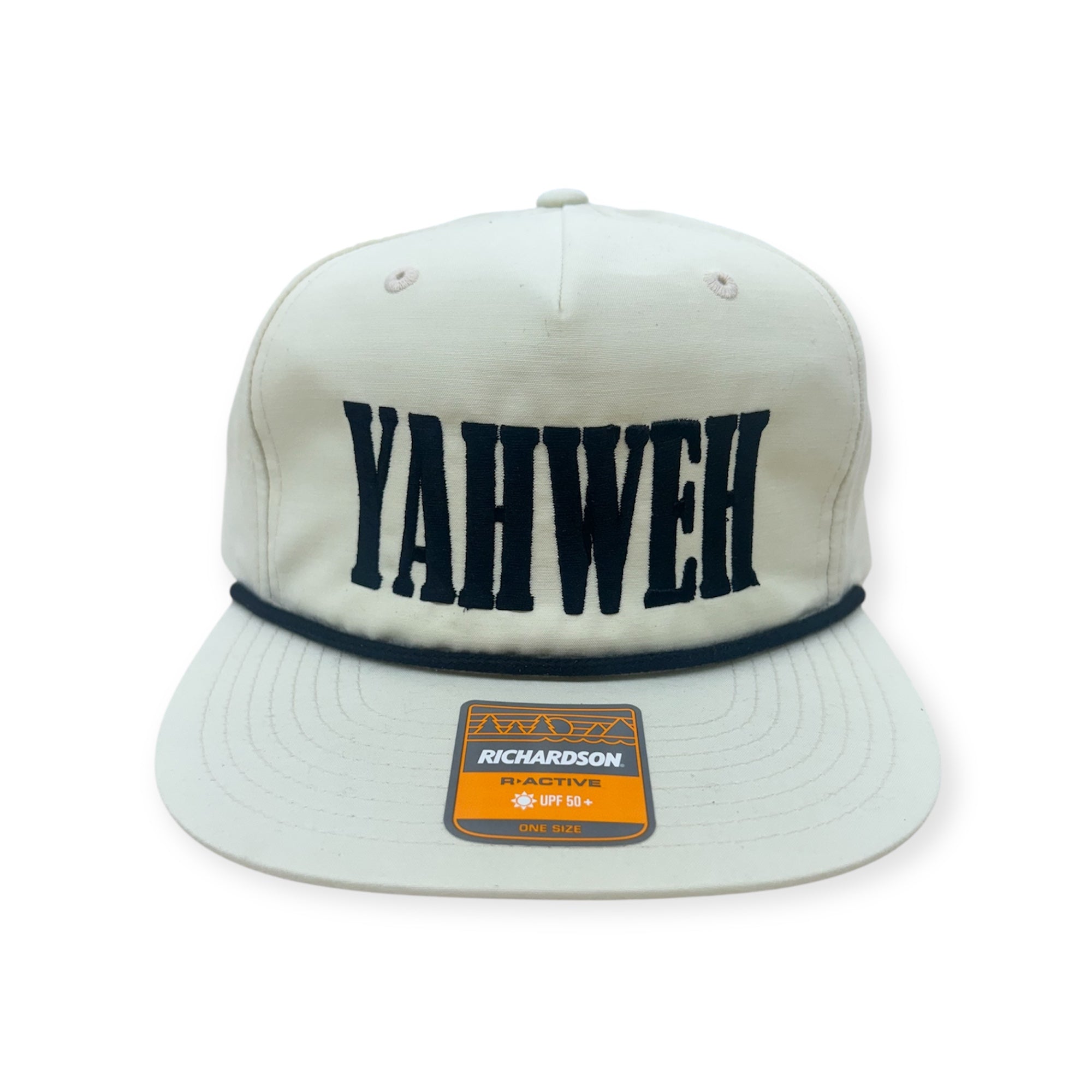 White snapback cap showing back YAHWEH embroidery and Richardson patch on brim