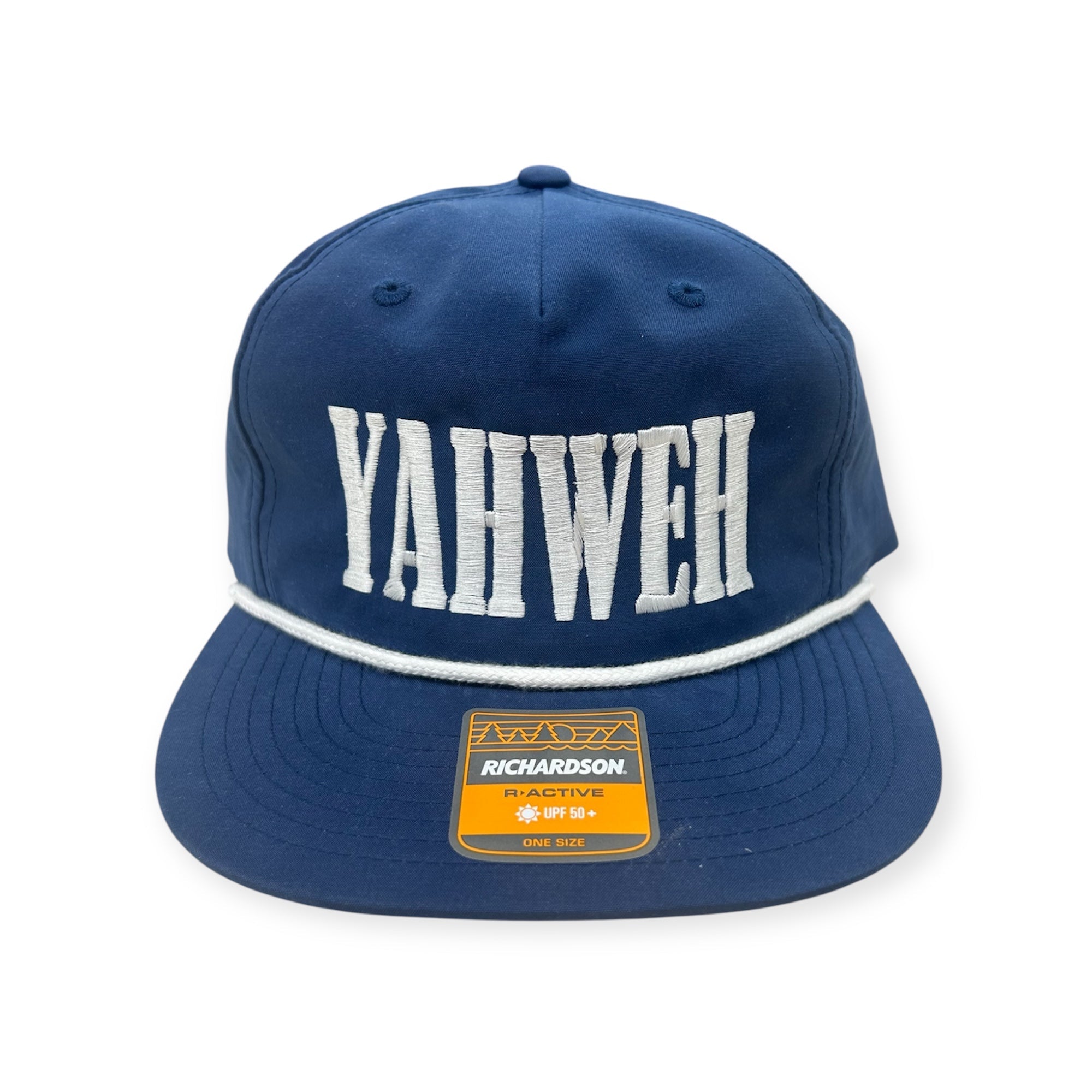 Navy snapback cap with white YAHWEH embroidery and Richardson patch on brim