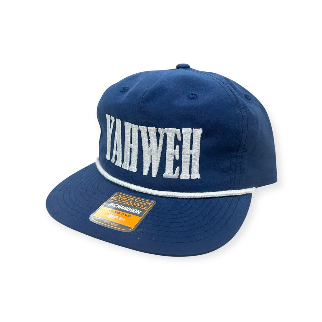 Navy snapback cap with white YAHWEH embroidery across the front