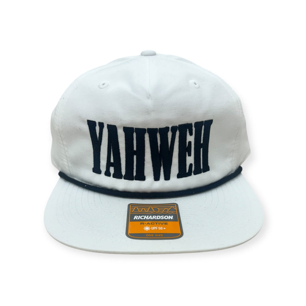 White snapback cap with back YAHWEH embroidery and Richardson patch on brim