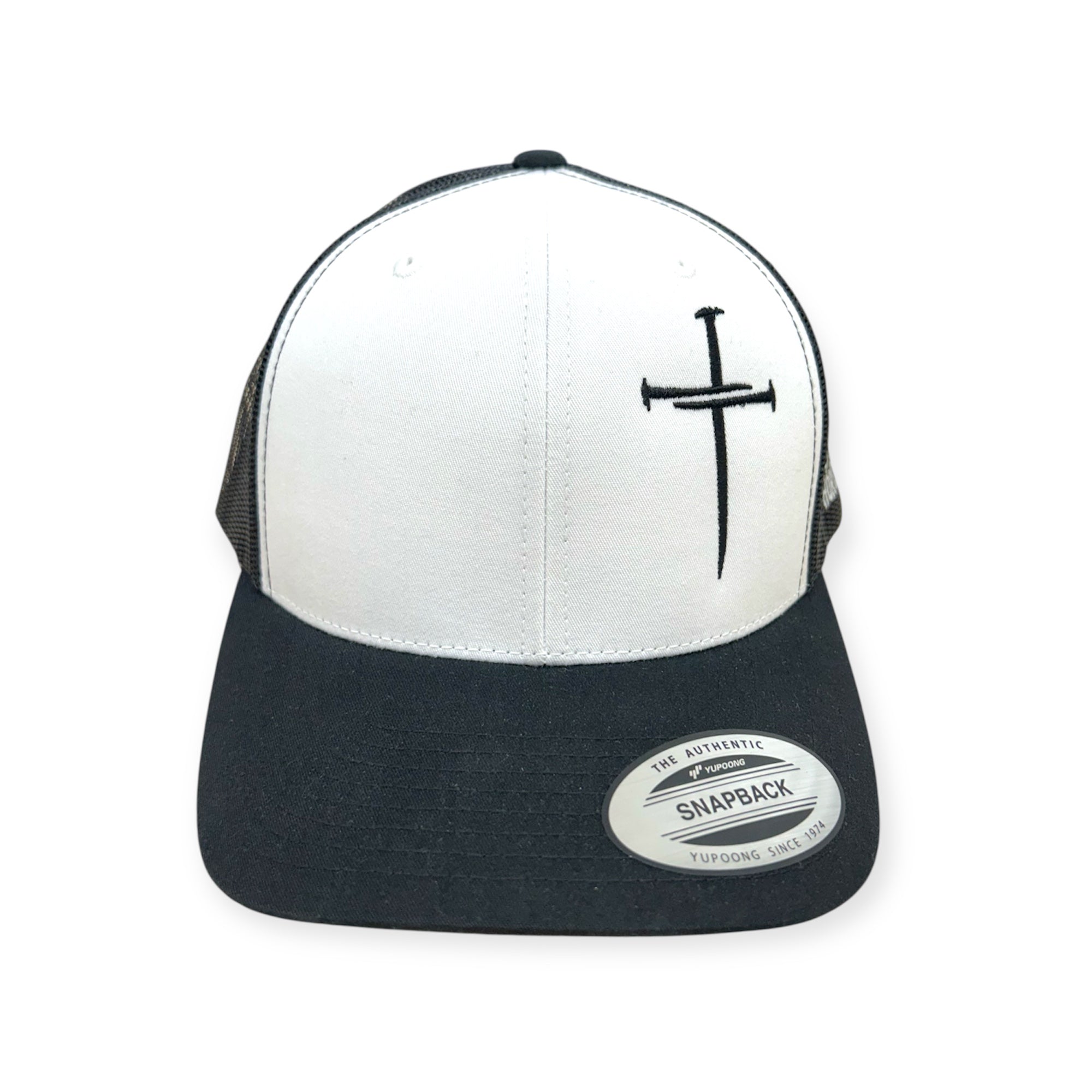 Two-tone snapback hat with white front, black mesh sides, and cross embroidery