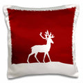Christmas pillow case with red panel and white deer silhouette, fringed edge trim