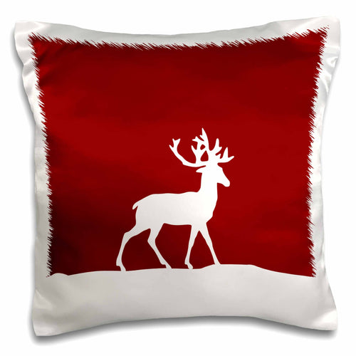 Christmas pillow case with red panel and white deer silhouette, fringed edge trim
