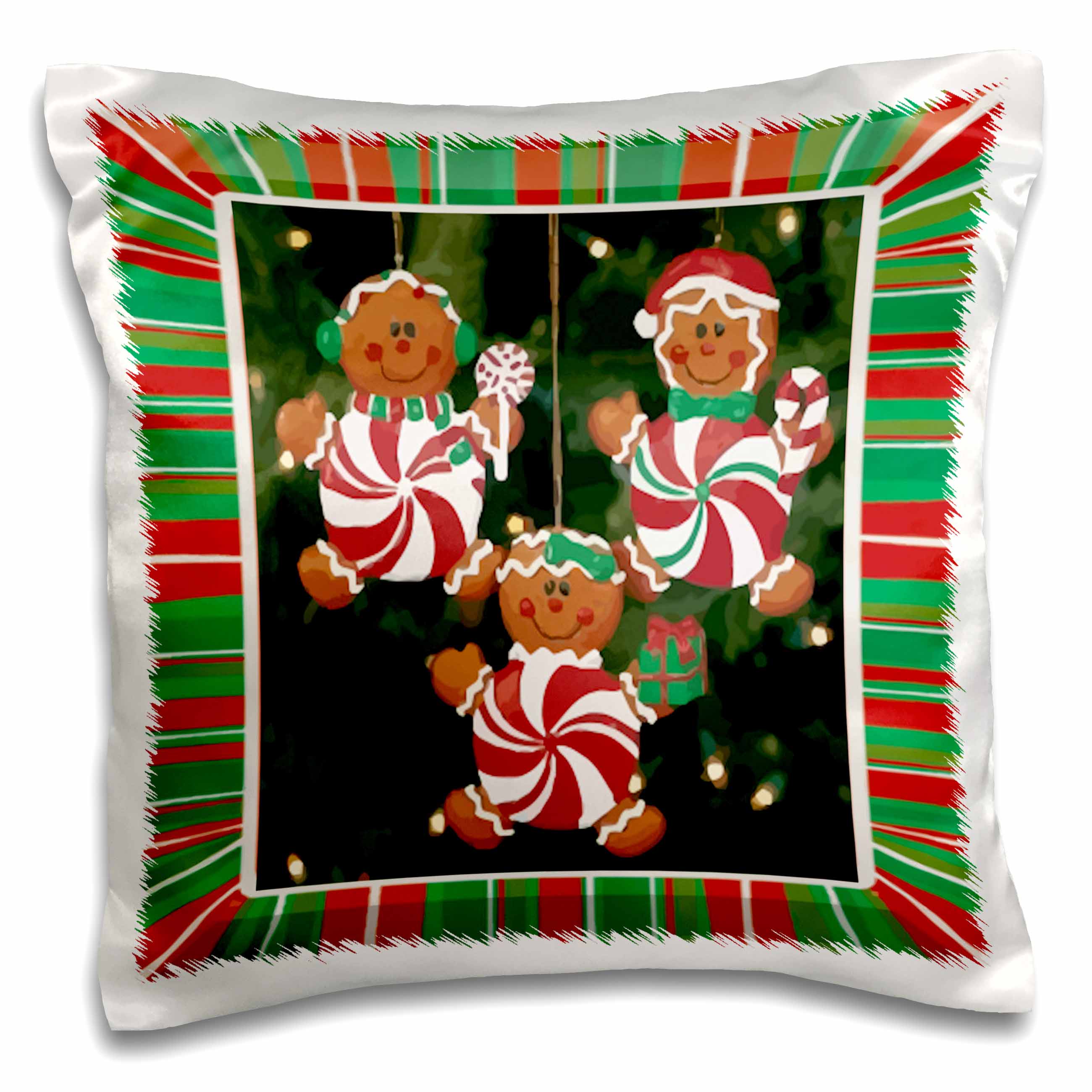 Holiday gingerbread ornament pillow case with red-green plaid border and candy-striped cookie figures