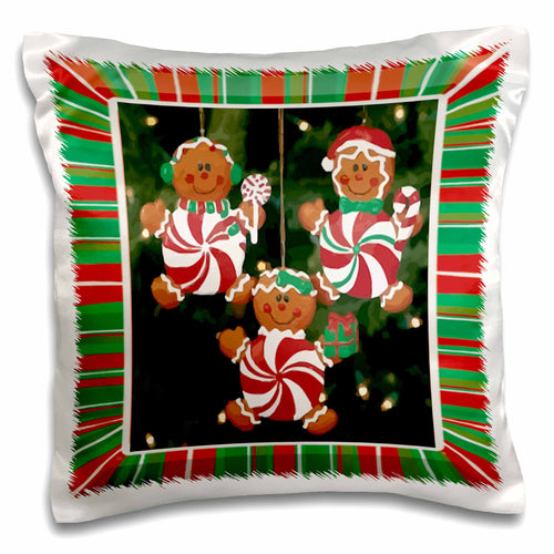 Holiday gingerbread ornament pillow case with red-green plaid border and candy-striped cookie figures