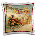 Christmas pillow case with vintage Santa riding a reindeer sleigh, red trim border
