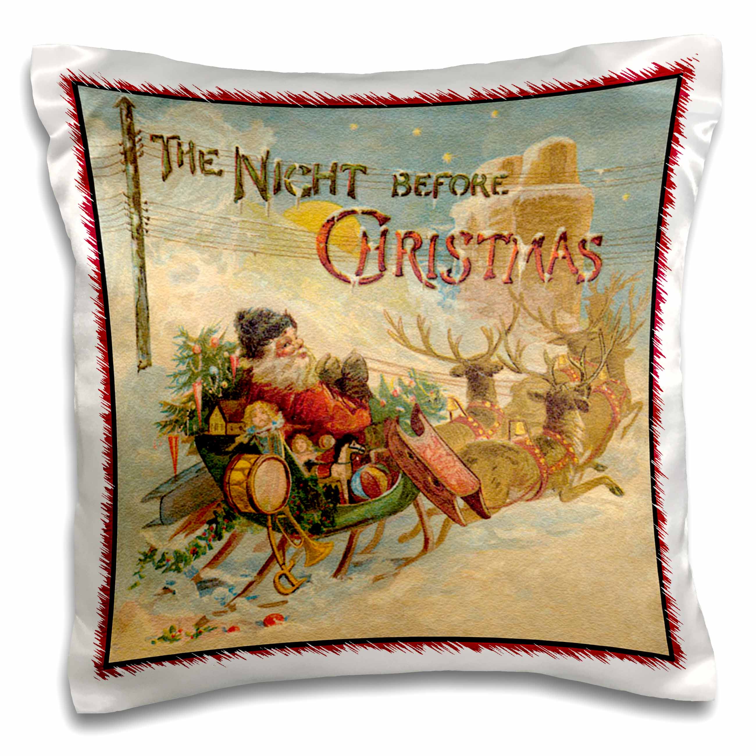 Christmas pillow case with vintage Santa riding a reindeer sleigh, red trim border