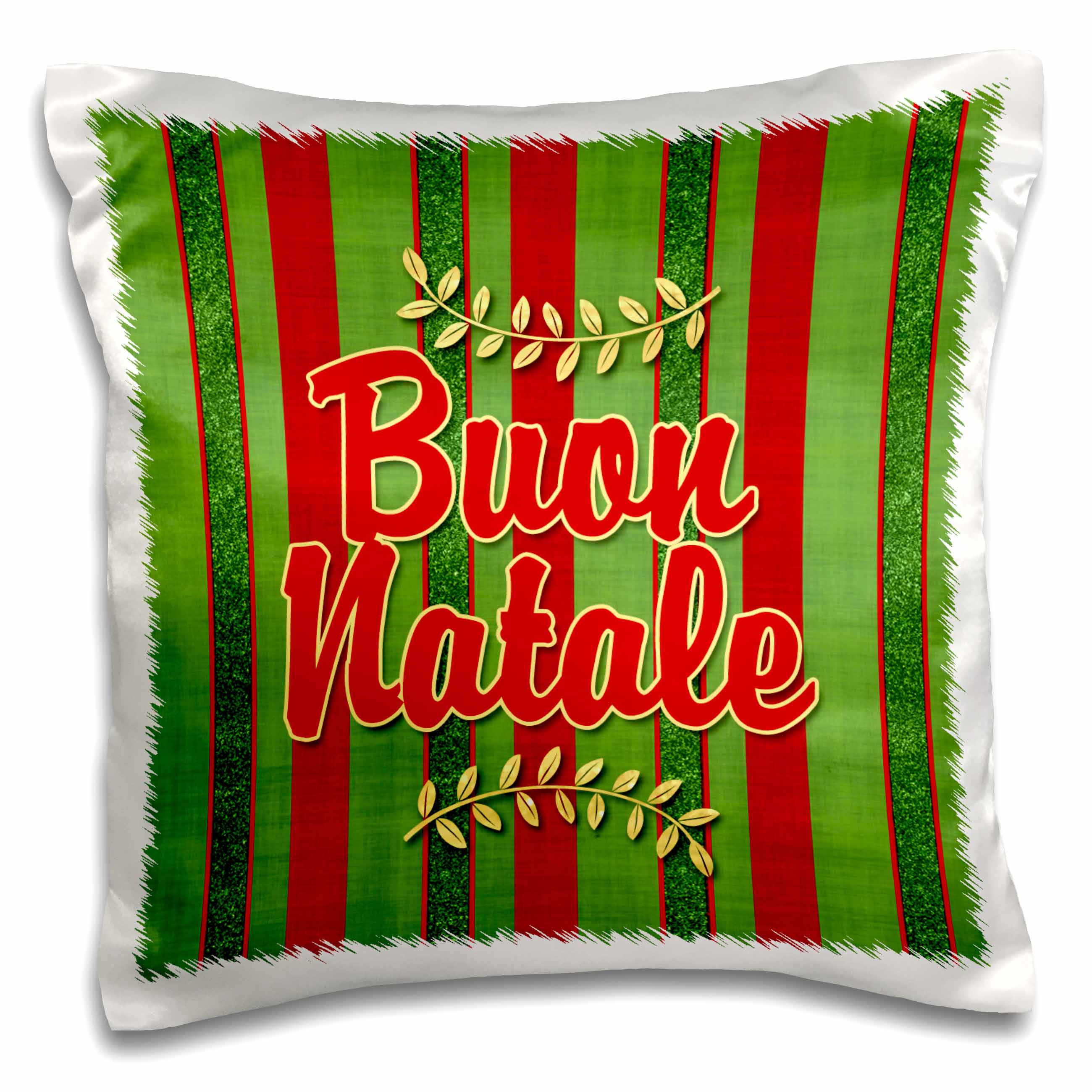Green and red striped Buon Natale pillow case with gold olive branches, white border