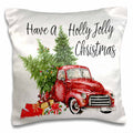Christmas pillow case with red vintage truck, green trees, and holly-jolly holiday text