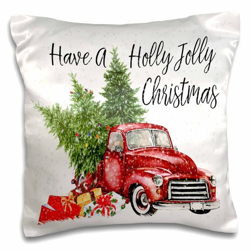 Christmas pillow case with red vintage truck, green trees, and holly-jolly holiday text