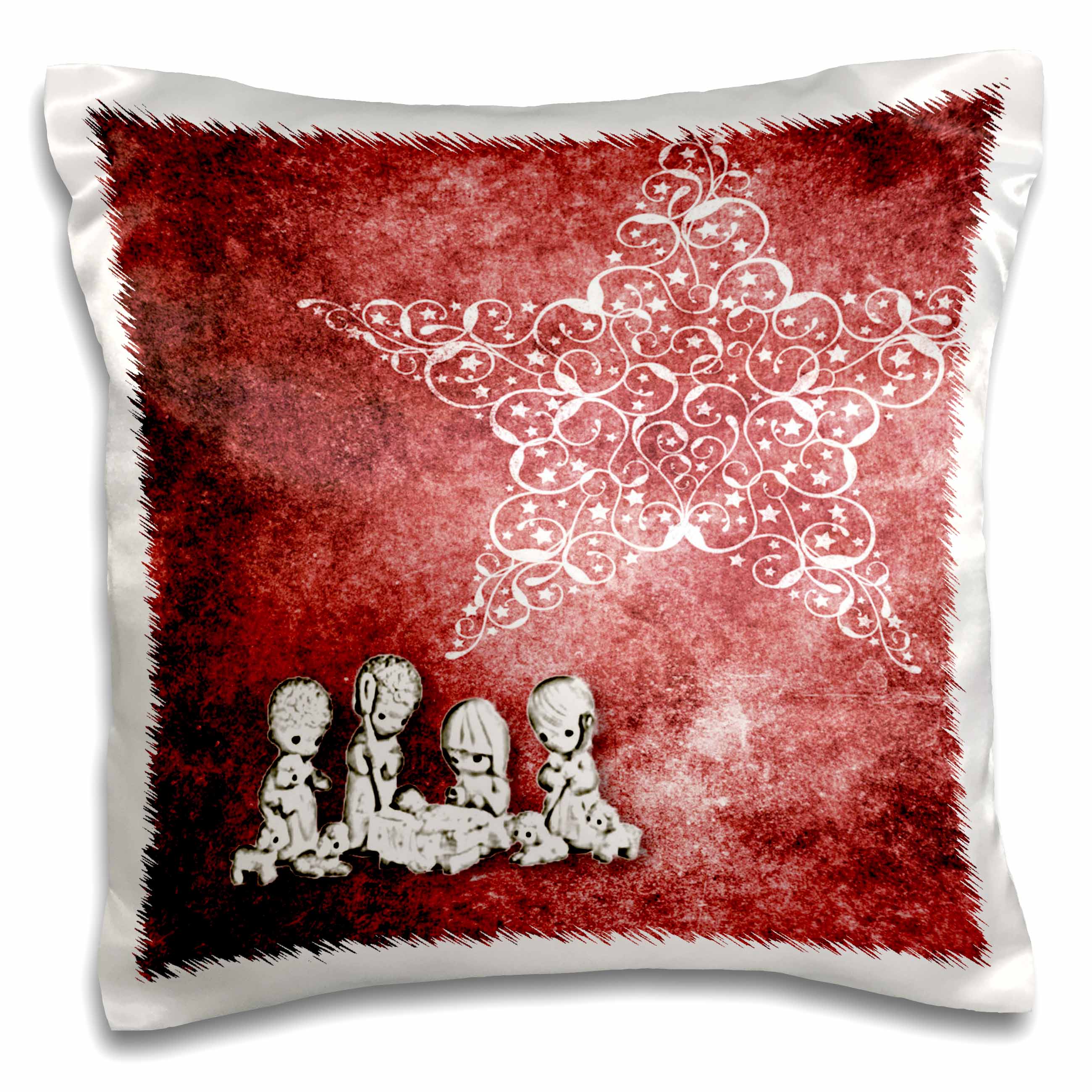 Christmas pillow case with red nativity scene, star, and white decorative border