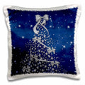 Blue and silver Christmas tree pillow case with sparkling star pattern and white trim