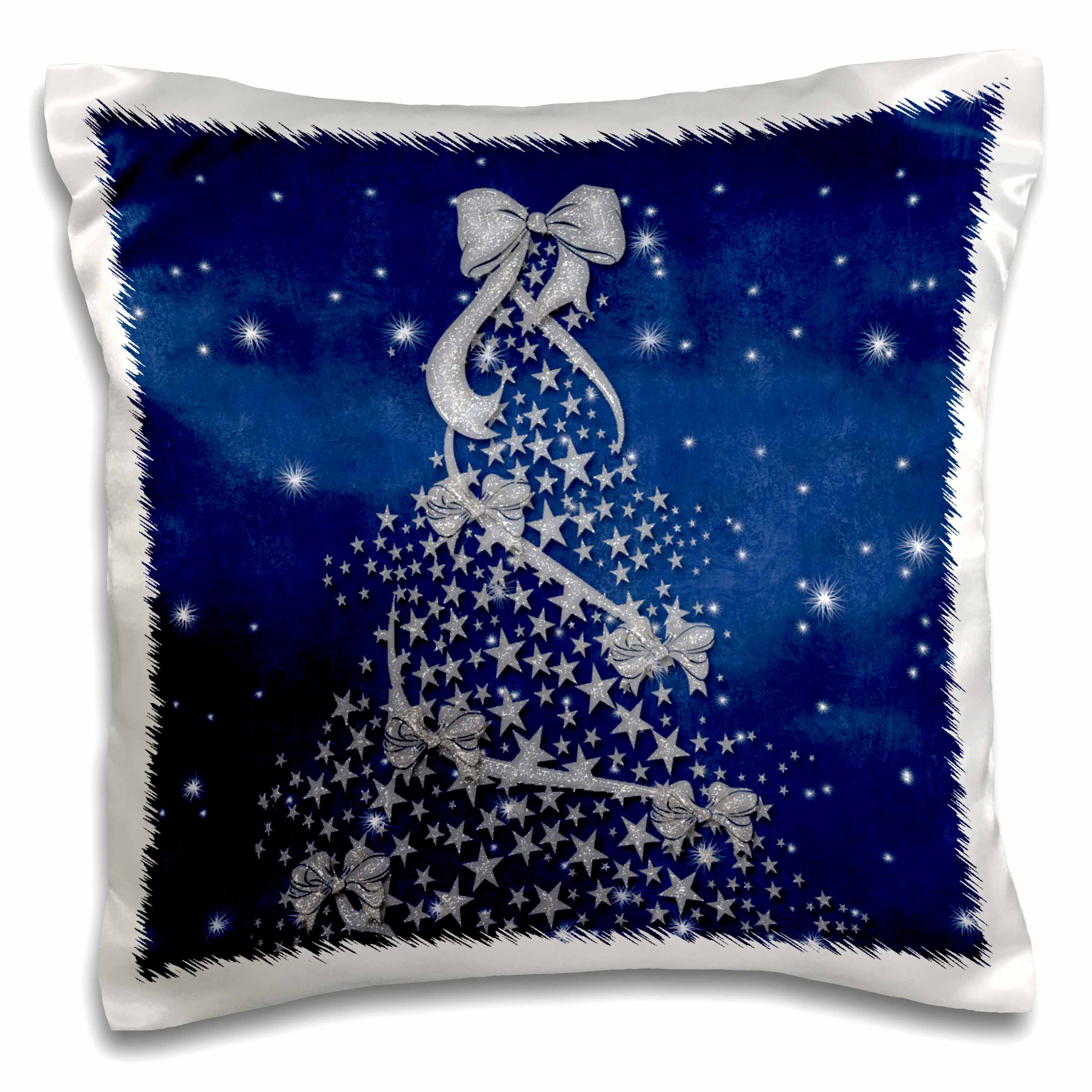 Blue and silver Christmas tree pillow case with sparkling star pattern and white trim