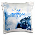 Christmas pillow case with blue ornaments and 'MERRY CHRISTMAS' text