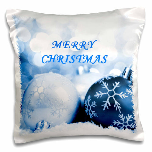 Christmas pillow case with blue ornaments and 'MERRY CHRISTMAS' text