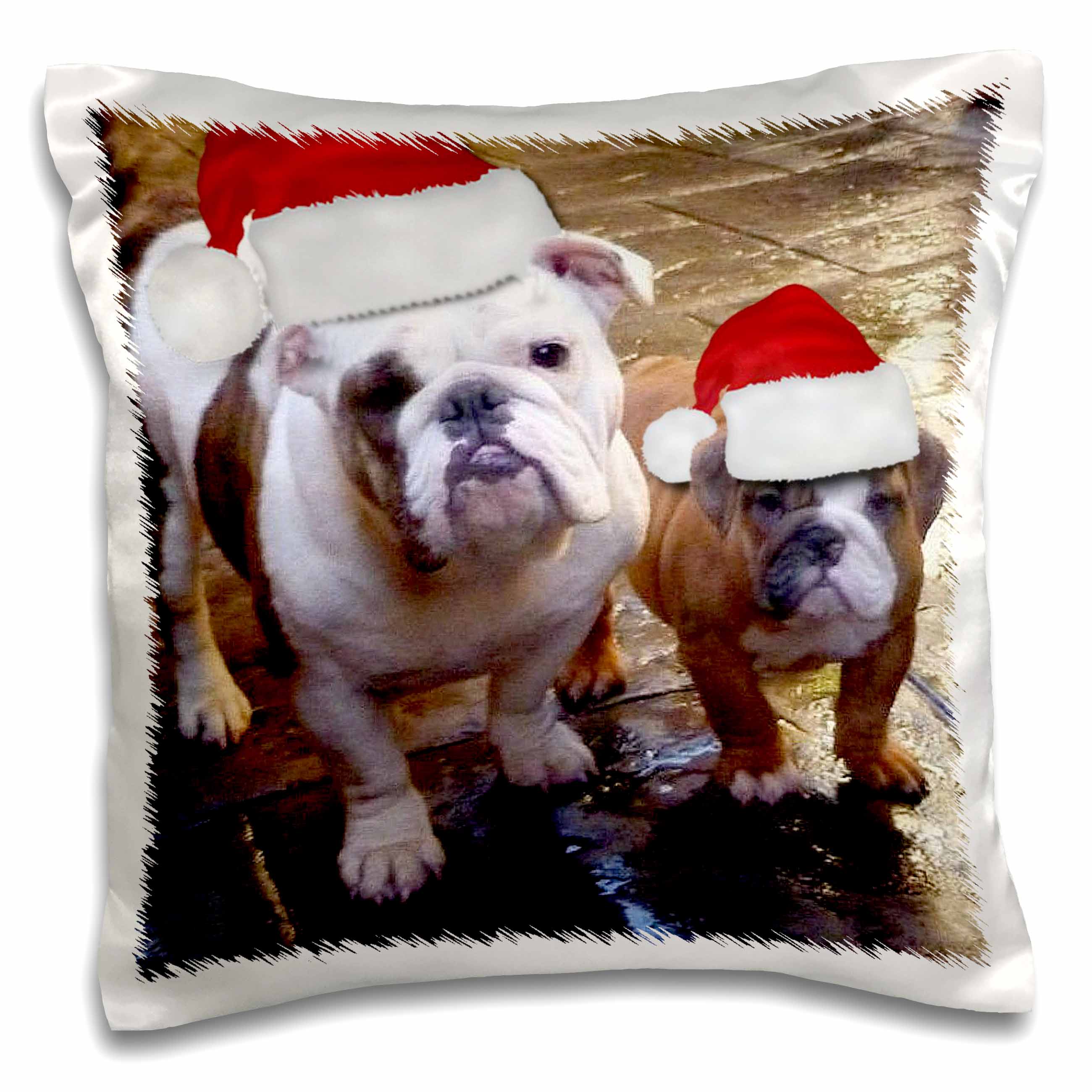 Pillow case featuring two English bulldog pups wearing red Santa hats on holiday scene