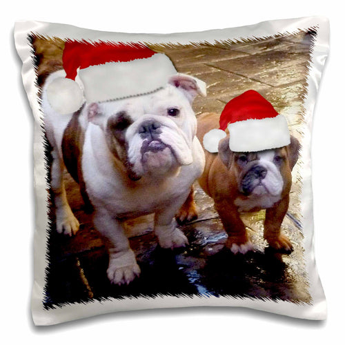 Pillow case featuring two English bulldog pups wearing red Santa hats on holiday scene