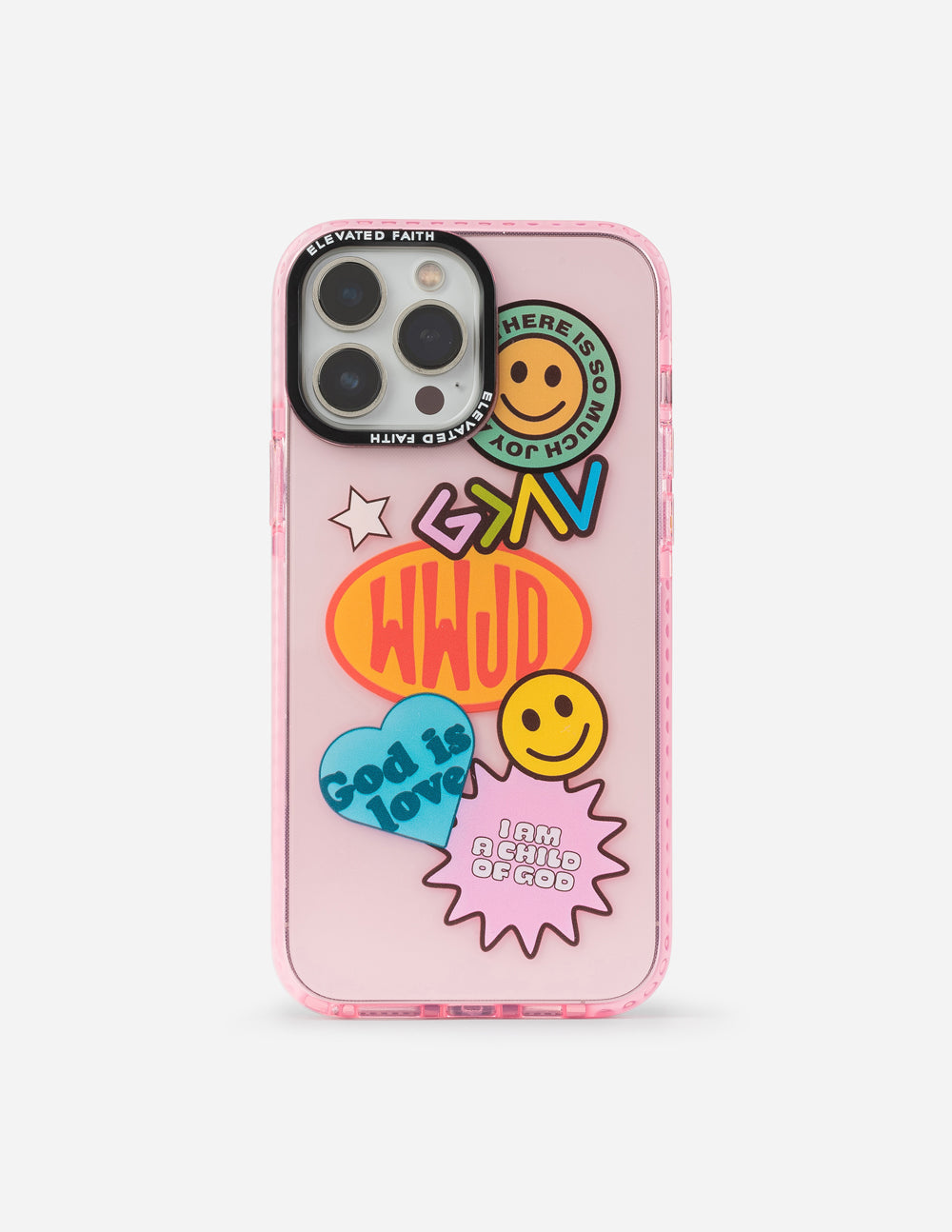 Light pink phone case with sticker collage, star and smiley icons, camera cutout