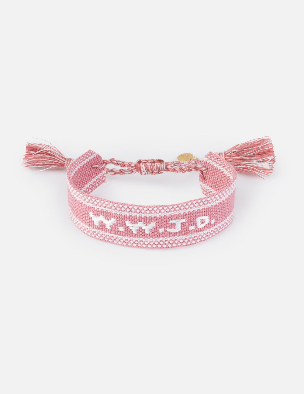 Pink woven bracelet with embroidered pattern and tassels
