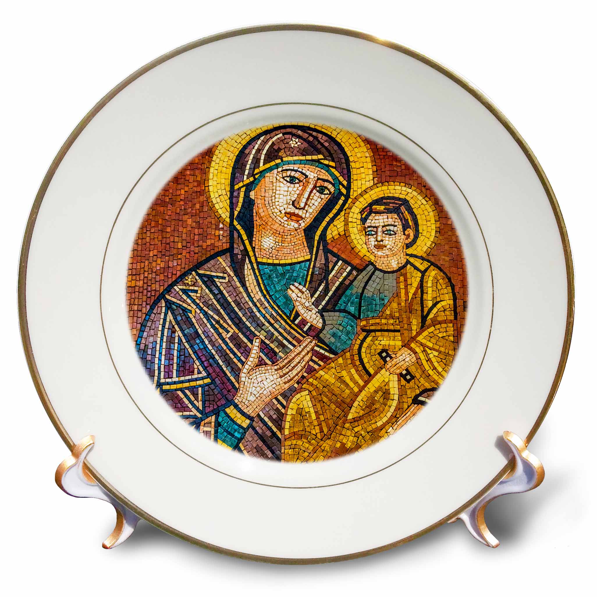 Porcelain plate with circular mosaic of Mary holding Baby Jesus, gold rim
